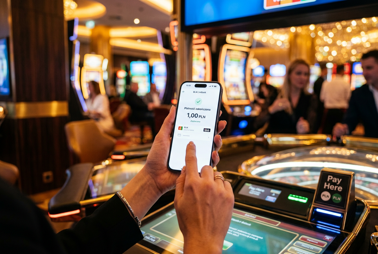 A smartphone showing a 1 PLN mobile payment confirmation.