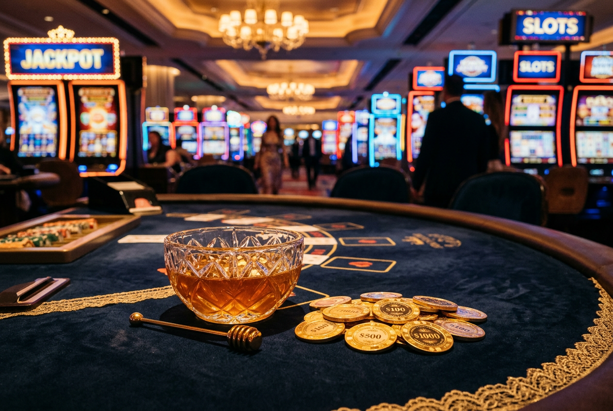 A luxurious casino interior with golden accents and honeycomb patterns.