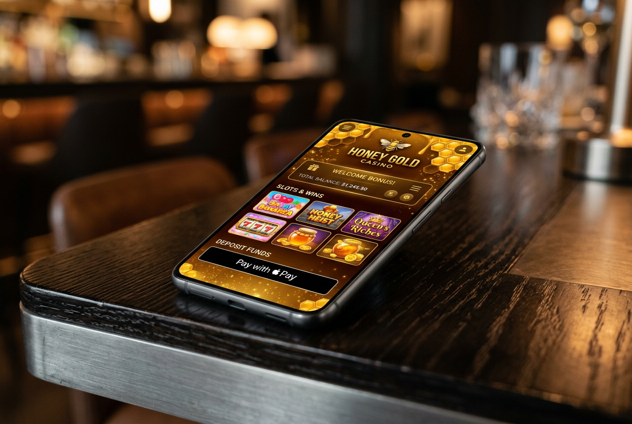 Smartphone displaying a casino app with a golden honey theme.